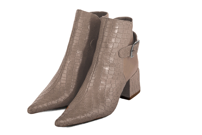 Bronze beige women's ankle boots with buckles at the back. Pointed toe. Medium block heels. Front view - Florence KOOIJMAN